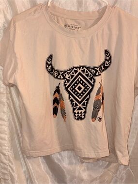 Ariat Cream Short Sleeve Tee with Black & Orange Feather Skull